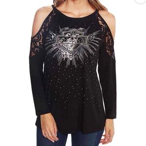 Harley Davidson Women's Crystal Bar & Shield Cold Shoulder Long Sleeve Shirt Top